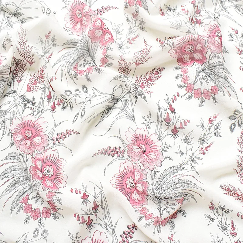 

2019 new high-viscose chiffon fabric spring/summer printed fabric fabric white background vintage florets soft