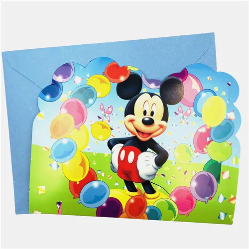 Микки Маус с днем рождения украшения Детские тарелки чашки соломенные салфетки сумки одноразовые посуда детский душ Вечеринка набор - Цвет: Inviting card 6pcs