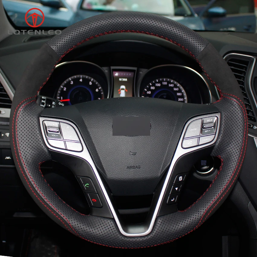 

LQTENLEO Black Genuine Leather Suede DIY Hand-stitched Car Steering Wheel Cover for Hyundai Santa Fe 2013 2014 2015 Hyundai ix45