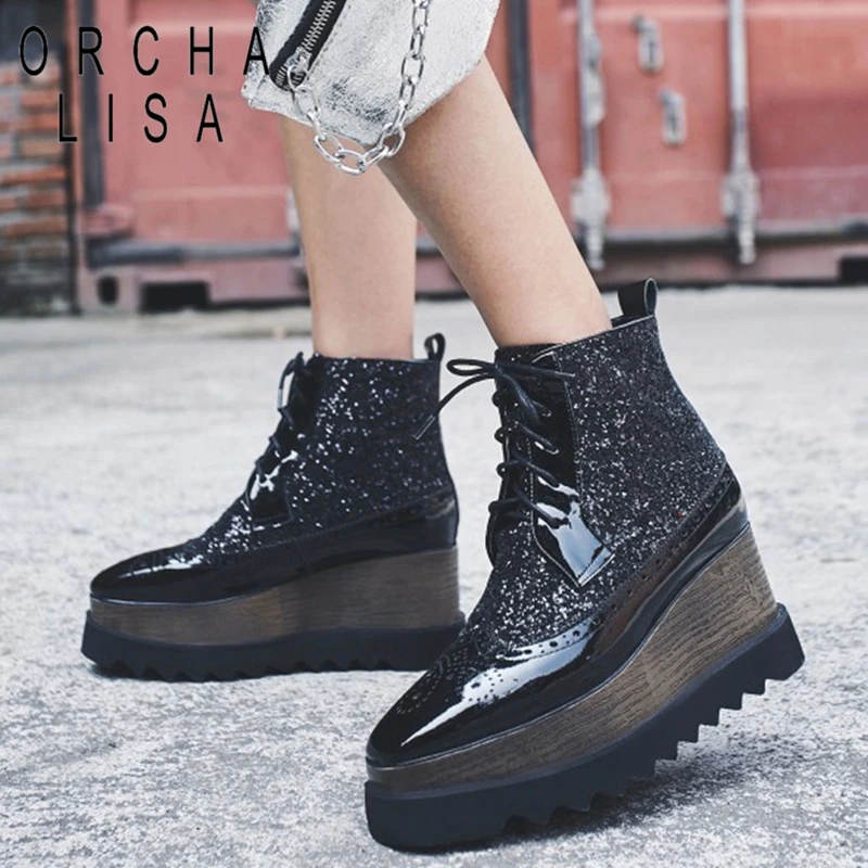 

ORCHA LISA Big size Ankle Lace up Riding Boots Female Genuine Leather Autumn Square Toe Platform Women Boots Botas Feminina J427
