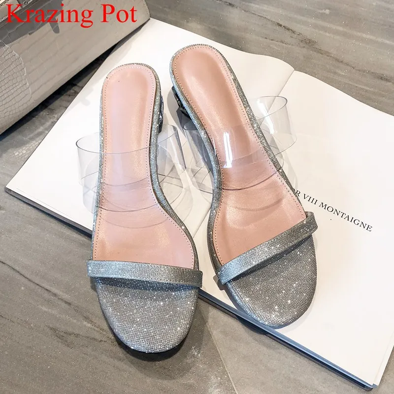 

Krazing pot bling peep toe slip on med heels mules strange style office lady women sandals slingback concise summer shoes L74