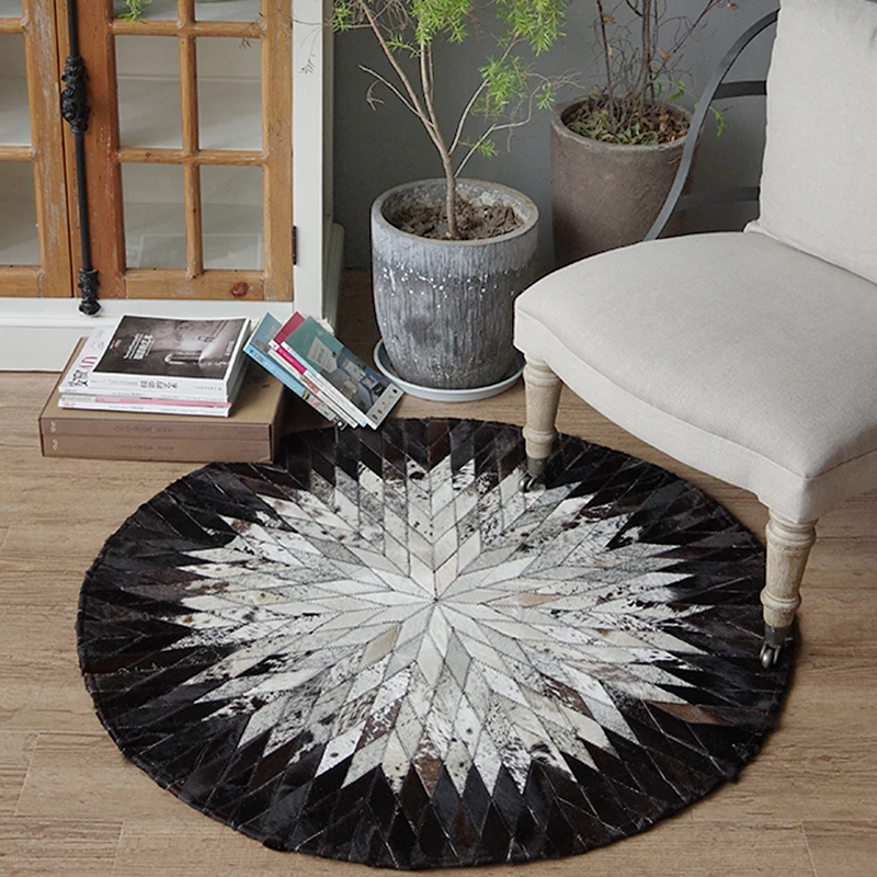 Image Handmade leather stitching round carpet study black and white computer chair living room coffee table mats bedroom bedside Rug