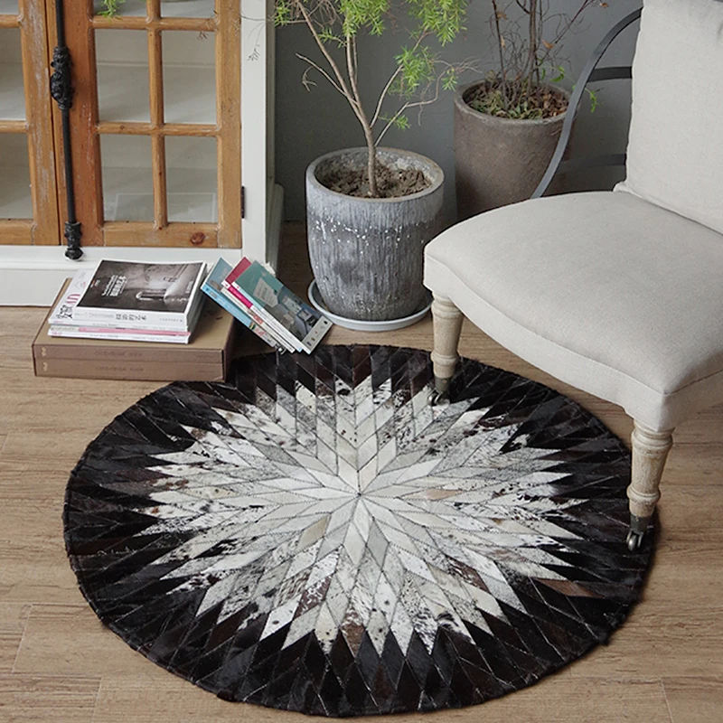 Handmade leather stitching round carpet study black and white computer chair living room coffee table mats bedroom bedside Rug