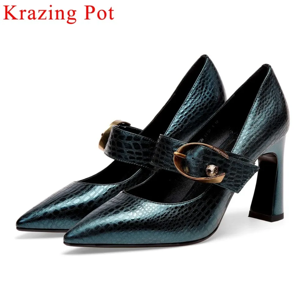 

Krazing Pot European designer high heels sexy pointed toe metal buckle strap natural leather office lady mature woman shoes L61