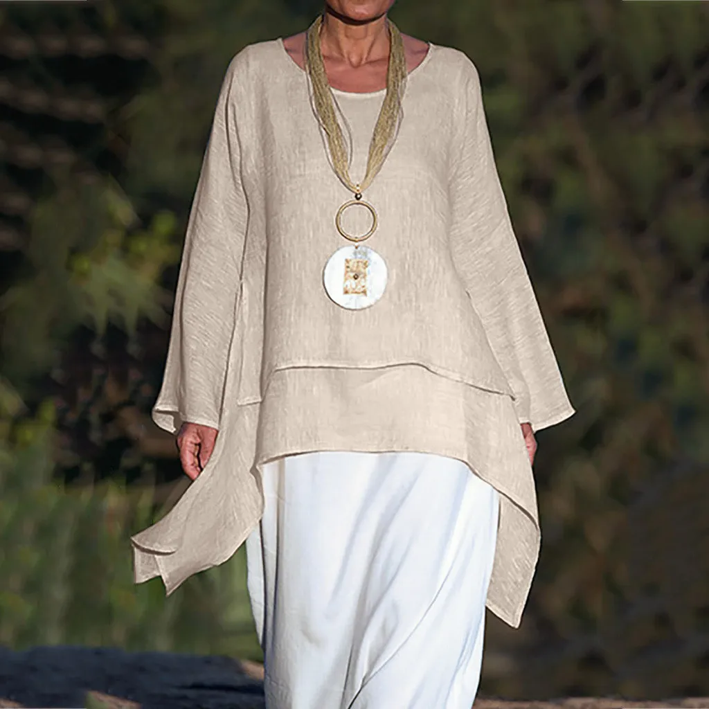 

Female Casual Asymmetrical Plus Size O-Neck Tunics Tops fashion Women's Long Sleeve Irregular Hem blouse camisetas manga larga