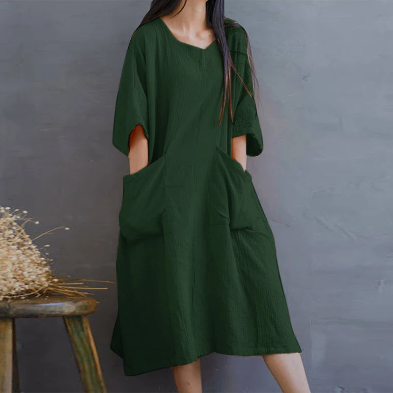 

Summer Female Casual O-Neck Baggy Big Pockets Midi Dress Plus Size S-3XL Femme Solid Color Loose Half Sleeve Kaftan Womens Dress