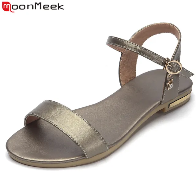 MoonMeek Size 34-46 New 2018 genuine leather sandals women shoes rhinestone female summer flat sandals ladies casual shoes