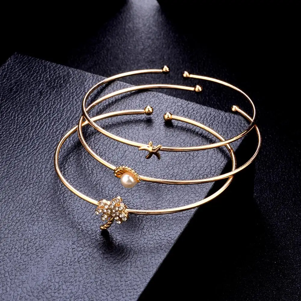 

3pcs/set Vintage Bracelet Bangles for Women Gold Charm Coconut Tree Pearl Shell Starfish Open Cuff Brief Knotted Jewelry Gifts