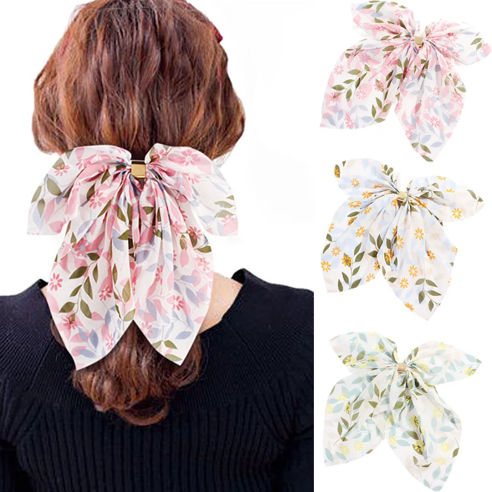 

2019 New Chiffon Large Bow Streamers Hair Clips Women Girls Hair Band Ponytail Hair Bows Hairpin Headband Hair Accessories