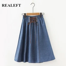 REALEFT/весна-лето, Новое поступление, джинсы, миди юбки, высокая талия, шнуровка, лоскутные, до колена, джинсовые юбки для японского стиля