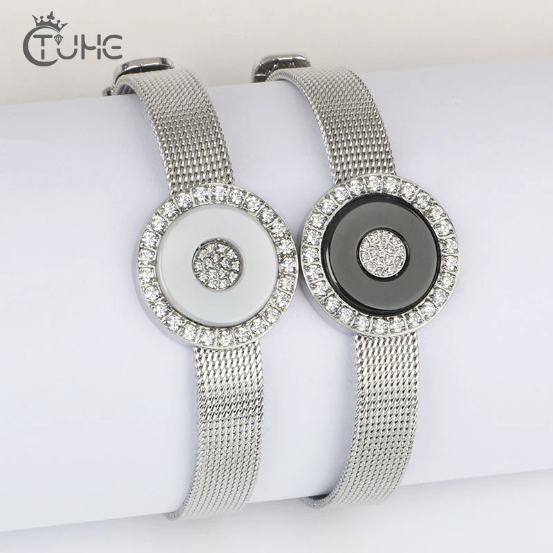 Серебряный цвет сетки Хранитель браслеты с блестящий хрустальный камень никогда не выцветает цвет здоровый керамический женский браслет регулируемый