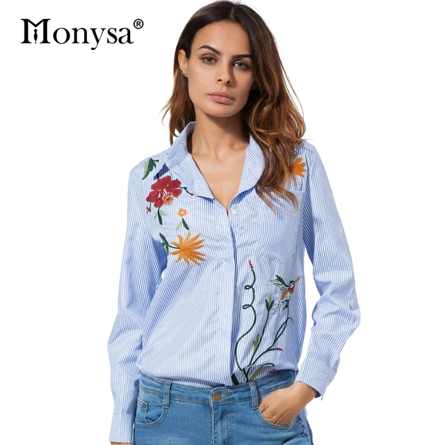 Flower Embroidery Blouses Women Fashion Trends Collar Long Sleeve Shirt Casual Striped Cotton And Flower Embroidery Blouses Women Fashion Trends Collar Long Sleeve Shirt Casual Striped Cotton And
