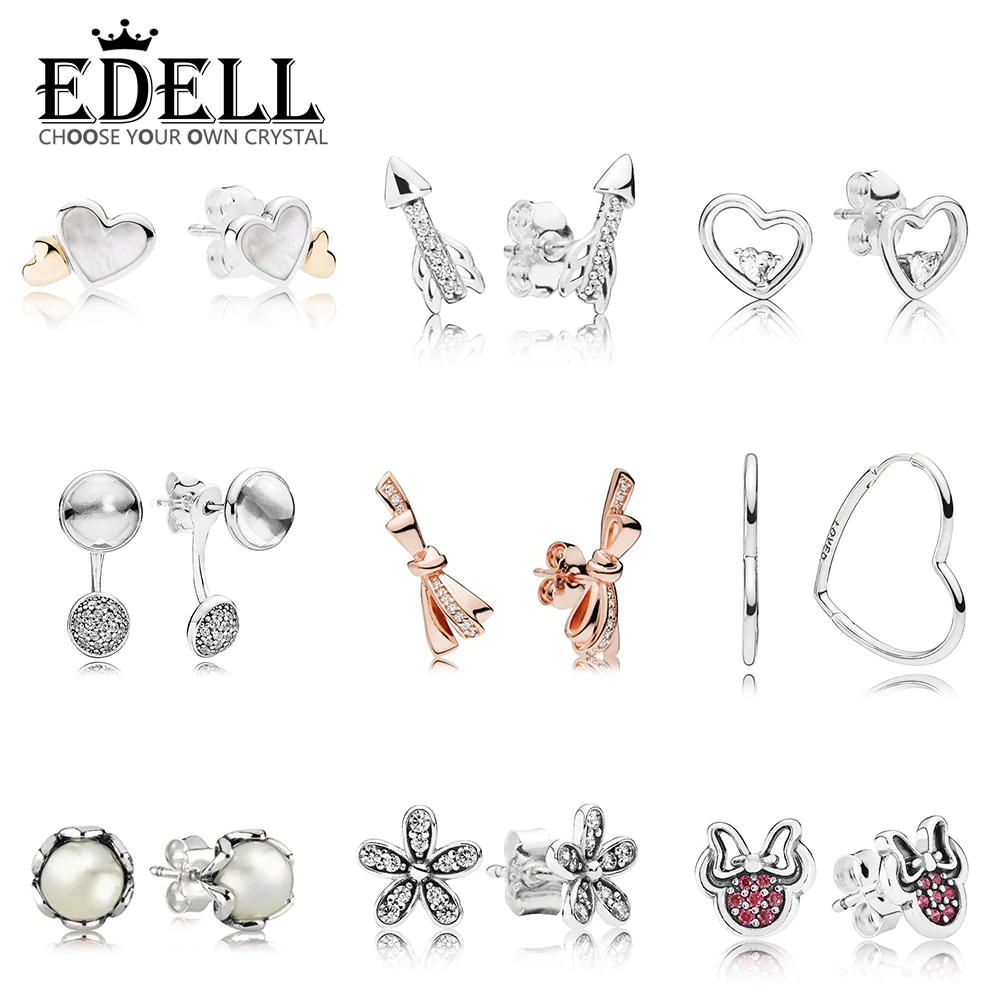 

EDELL 100% 925 Sterling Silver 1:1 ROSE BOW Pearl Daisy DROPLETS Sparkling Arrow Asymmetric Hearts of Love Earrings Studs