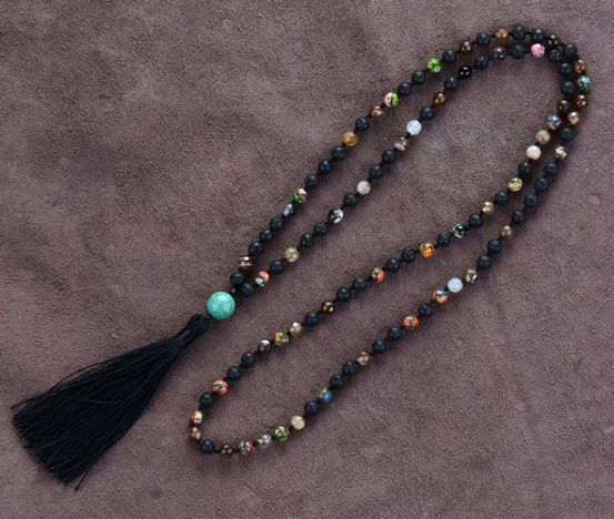 

Beaded Necklaces For Women 6MM Black Lava Stone Onyx Beaded Tassel Necklace Bohemia Yoga Necklace For Women Dropshipping