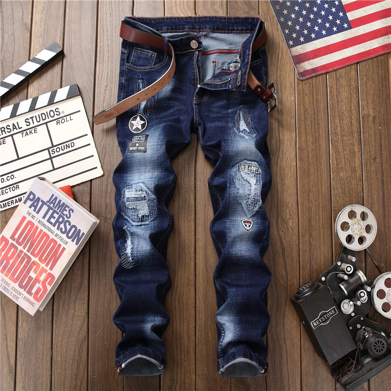 Мужские джинсовые брюки с вышитыми дырками модные новые мужские повседневные облегающие джинсы с заплатками Прямая поставка