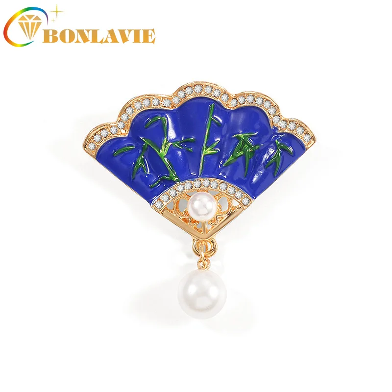Creative Jewelry Retro Blue Bamboo Fan Brooches Chinese Style Pearl Brooch for Women Glaze