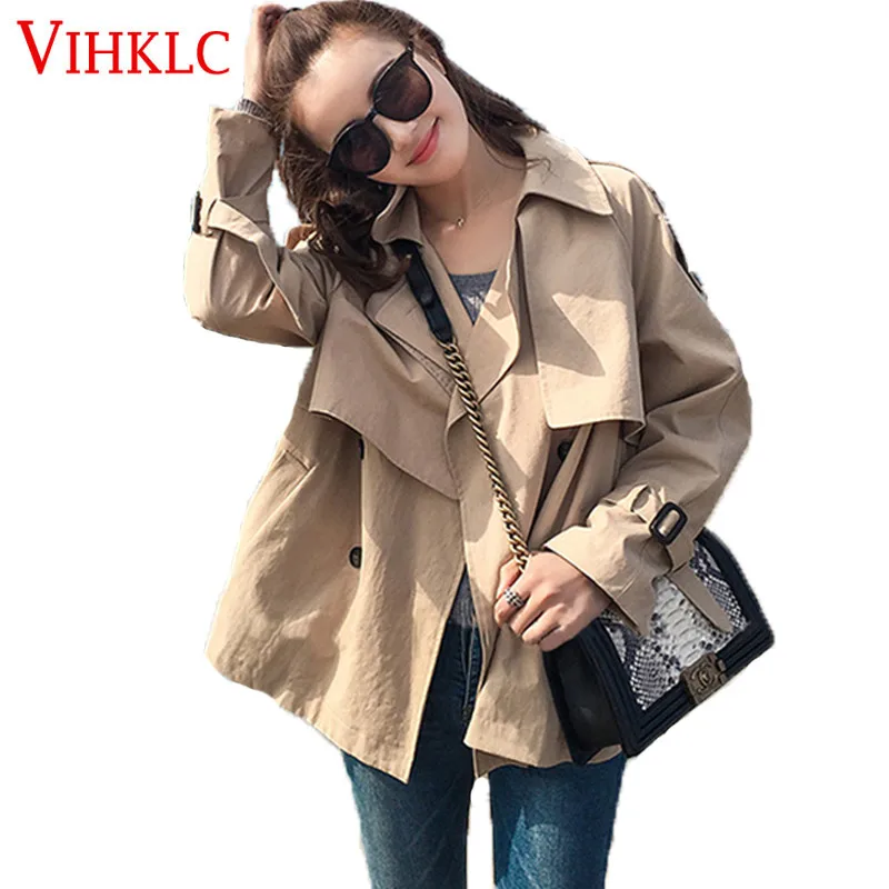 

2018 Spring Autumn Women Trench Coat New South Korea Double Breasted Pure Color Wild Longsleeved Female Short paragraph X30