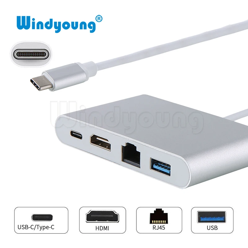 USB-C концентратор адаптер 4 в 1 USB 3,1 type C к HDMI 4K Gigabit Ethernet RJ45 USB 3,0 многопортовый цифровой видео конвертер