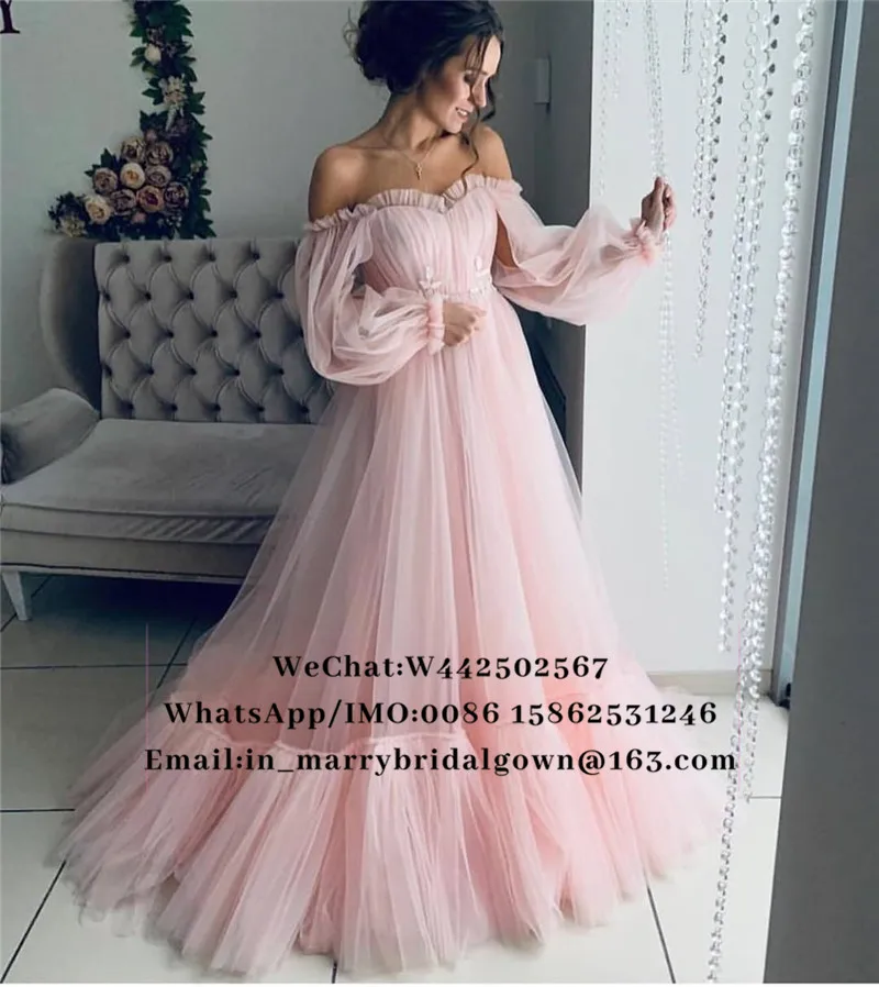 Розовый с плеча арабское выпускное платье 2019 линия с длинными рукавами Дешевое кружевное с принтом платья для девочек De Fiesta Noche