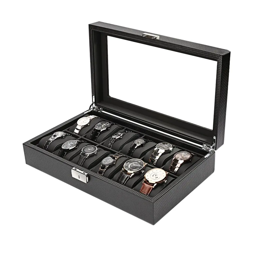 12 Слот роскошная коробка для часов из углеродного волокна, черный Высококачественный Дисплей для часов, коробка для хранения часов