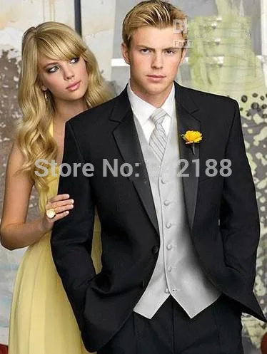 Custom Made Two Buttons Black Groom Tuxedos/Peak Lapel Best Man Groomsmen Men Wedding Suits/Bridegroom (Jacket+Pants+Vest+Tie) custom made two buttons   groom tuxedos peak lapel best man groomsmen men wedding suits bridegroom jacket pants vest tie we