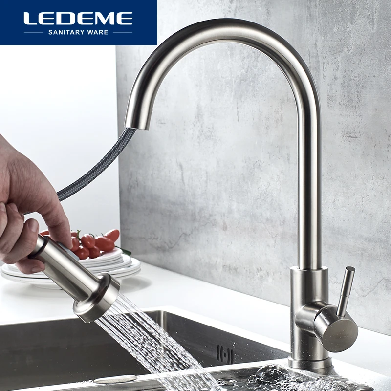 LEDEME Kitchen Faucet 360 Degree Rotation Pull Out Tap Sink Mixer Taps Brushed Stainless Steel Kitchen Faucets L76005-1 round kitchen sink