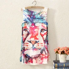 2017 summer women sleeveless t shirt printing Oil Lions people style long section lady t shirt