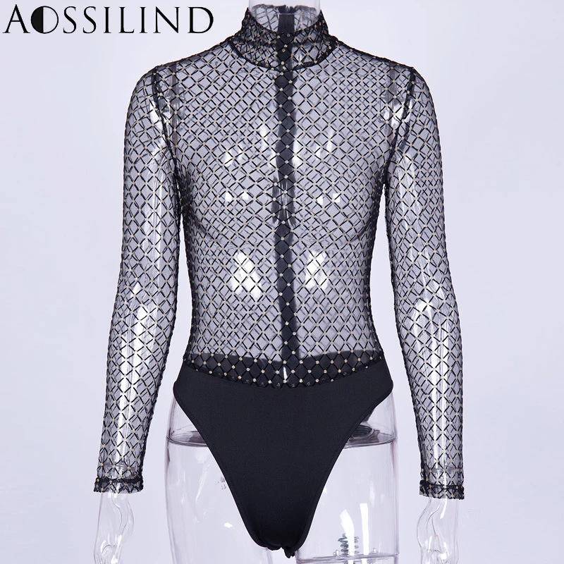 AOSSILIND Sexy See Through Black Mesh Bodysuit Women Turtleneck Grid Long Sleeve Transparent Party Club Skinny Bodysuit