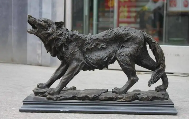 

Chinese Pure Bronze Copper & Marble Wolf Dog Prairie Decor Art Sculpture