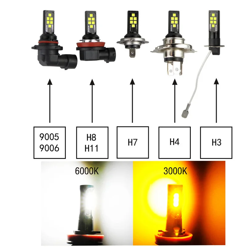 2 шт. автомобиль H27W 881 светодиодный фонарь H1 H4 H7 HB4 9005 h16 лампы H3 H8 h11 12SMD 3030 3000k желтый 6000K белый автоматические светодиоды света DC 12V