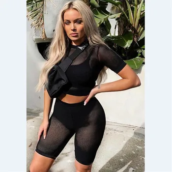 

Fashion Womens Short Sleeve Summer Perspective Crop Top Shorts Set Jumpsuit 2Pcs
