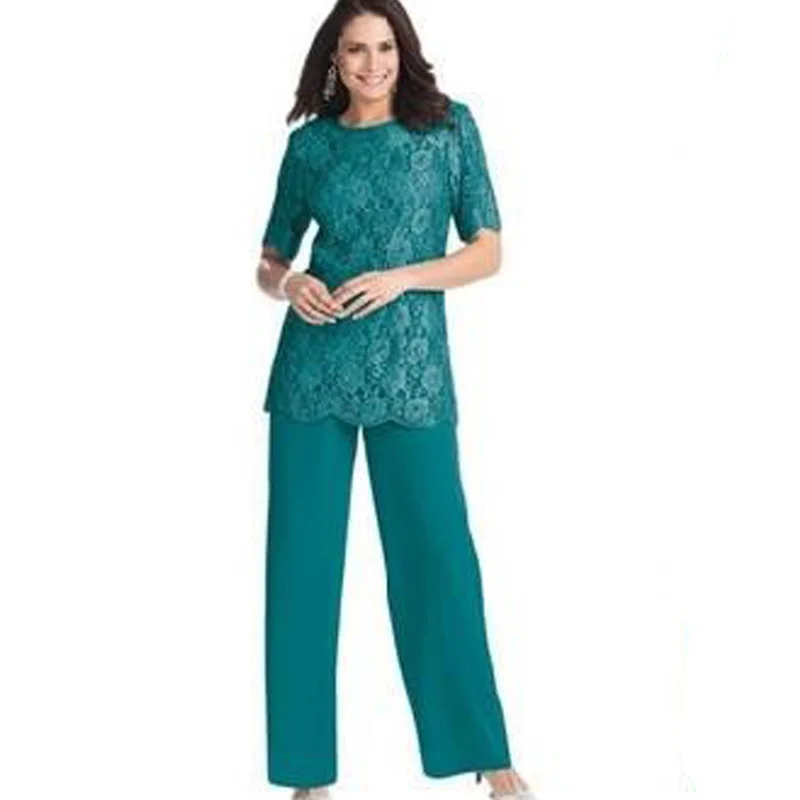 Get  Hunter Lace Two-piece Chiffon Mother Of The Bride Pants Suits With Half Sleeve Jewel Neck Plus Size