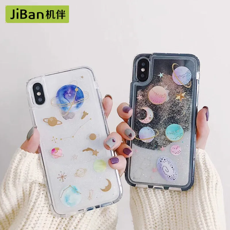 JiBan Universe Saturn Glitter Powder Cushion Mobile Phone Case For iPhone 6 6S 7 8 Plus X Cases Anti-fall Sandpaper Soft Sleeve | Мобильные