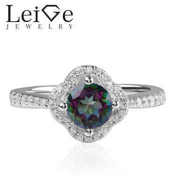 

Leige Jewelry Mystic Topaz Rings Round Shape Rainbow Topaz Engagement Halo Ring For Woman 925 Sterling Silver