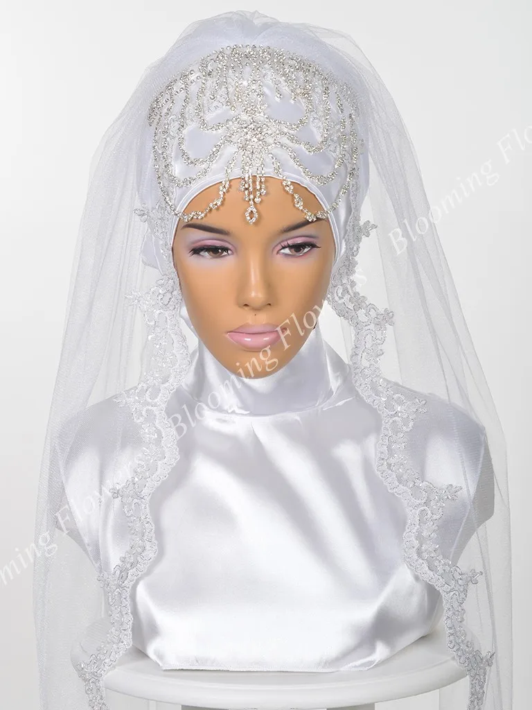 Мусульманская Свадебная хиджаб Роскошные Кристаллы кружева вуаль Khimar исламский Nikkah Фата, свадьба фата один слой длина кончика пальца