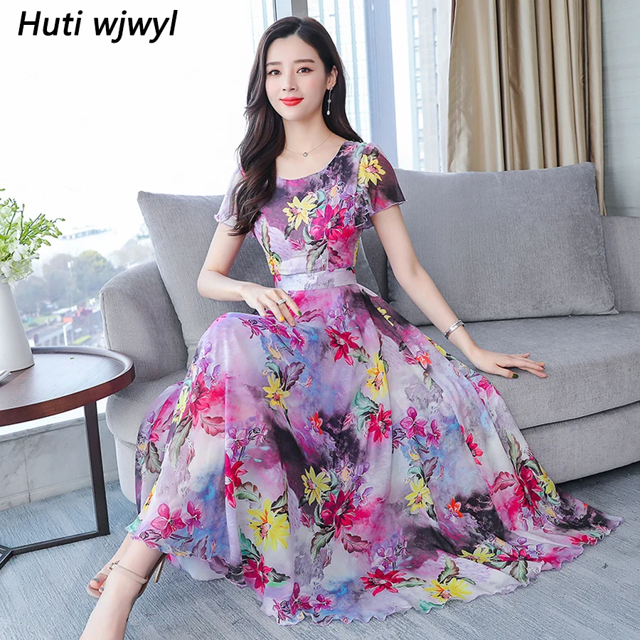 

2019 Elegant Women Boho Floral Chiffon Maxi Dress Summer Vintage 3XL Plus Size Print Beach Midi Sundress Bodycon Party Vestidos