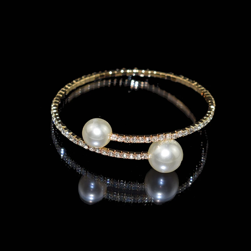 Elegant Crystal Imitation Pearl Open Bracelets for Women Gold Silver Plated Cuff Bangles necklace set Pulseras Mujer Jewelry 6