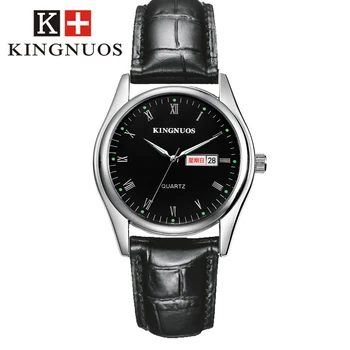 

KINGNUOS Fashion Casual Mens Women Wristwatch Roman Numerals Auto Date Couple Watches Leather Strap Quartz Simple Lovers Watch
