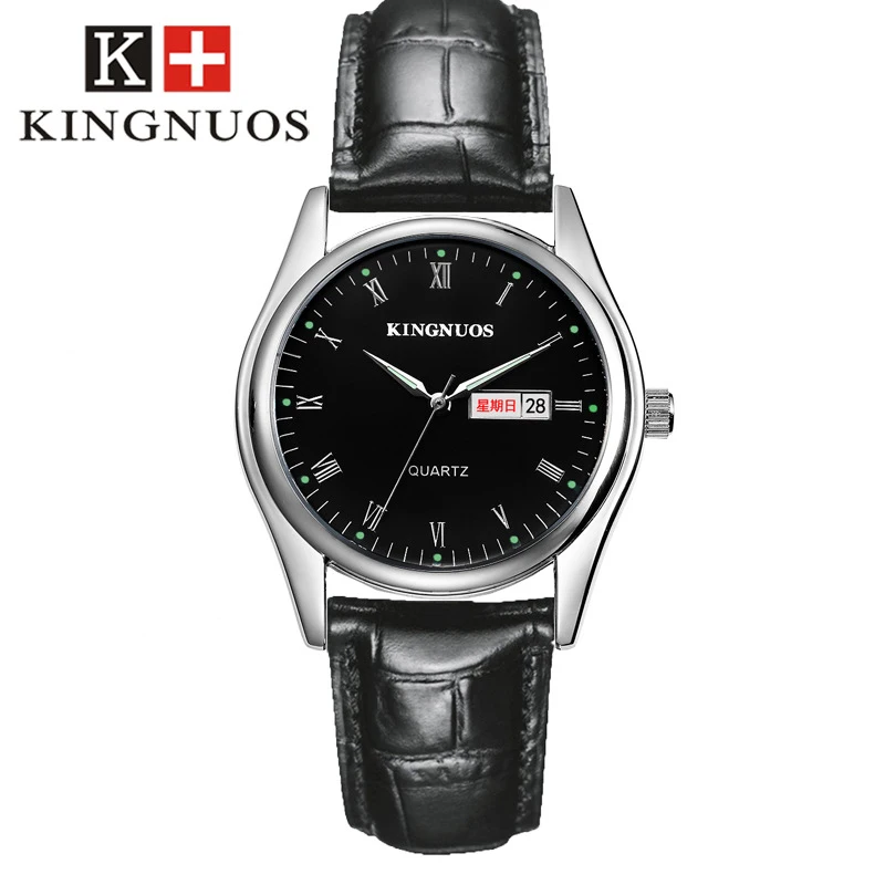 BEST  KINGNUOS Fashion Casual Mens Women Wristwatch Roman Numerals Auto Date Couple Watches Leather Strap