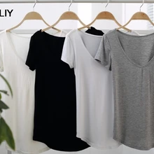 Большие размеры, женские повседневные однотонные красивые летние футболки, однотонные повседневные рубашки с коротким рукавом, топ с v-образным вырезом, модал, S-4XL