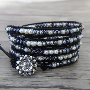 

5 wraps Freshwater Pearl wrap bracelet Real pearl bracelet BOHO Leather wrap bracelet YOGA jewelry bohemian