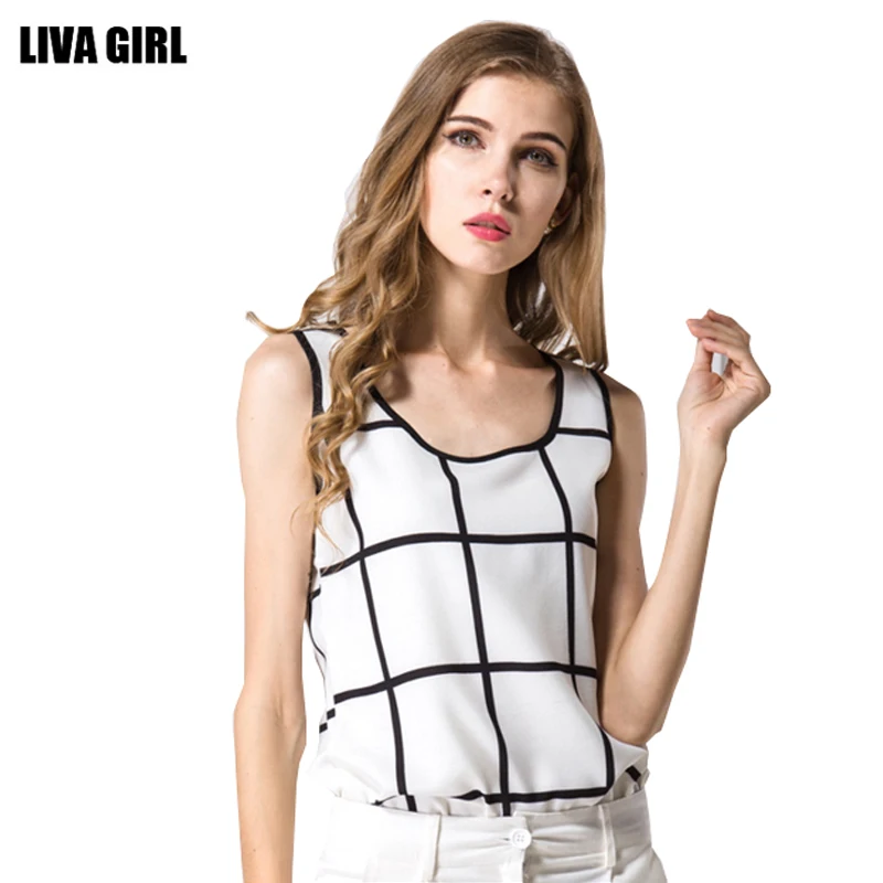 

2017 Fashion Summer White Plaid Blouse Women Sleeveless Chiffon Blouse Solid Female O-Neck Tops Blusas Ladies Clothing XXXL 50