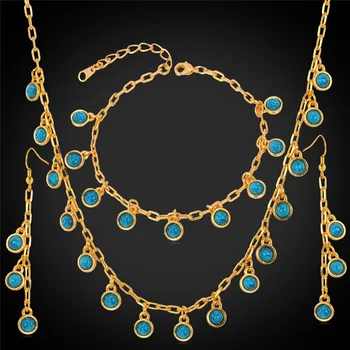 

Trendy Jewelry Green Stone Necklace Bracelet Earrings Set For Women Yellow Gold Color Fashion Turkish Jewelry Set NEH746