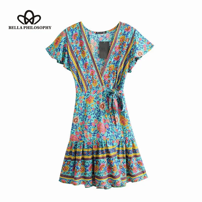 Wonder Boho Chic Summer Vintage Floral Print Sashes Wrap Mini Dress 2019 Fashion Short Sleeve Beach Ladies Dress Vestidos Mujer