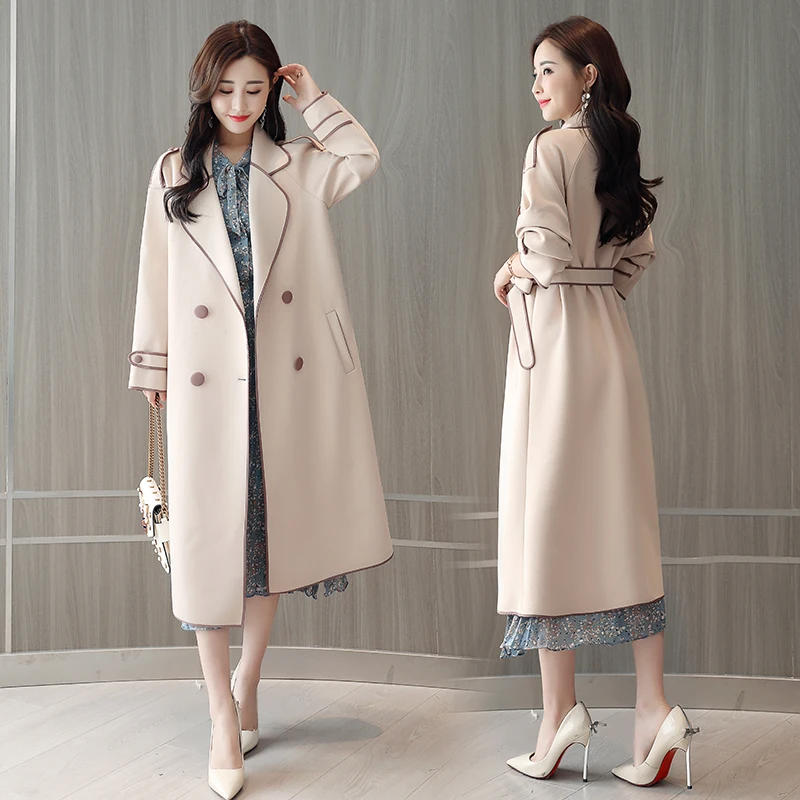 New fashion Autumn Winter british style Overcoat Women Long slim Solid Turn-Down Collar Trench Femme double breasted Outwear