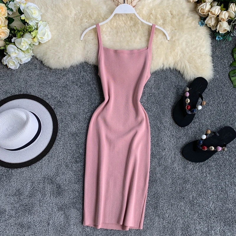 

2019 new fashion women's Knit dress Pure color temperament tube top strap sexy hip