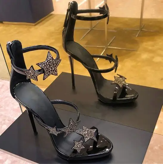 

2019 Newest Sexy Summer Women Sandals Luxury Crystal Studs Star Narrow Bands Zipper Party Wedding Shoes Woman High Heels