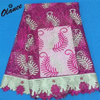 

Graceful double-colors pattern with beads and stones dress fabric PF143 Free shipping fushia pink Tulle Lace Fabric