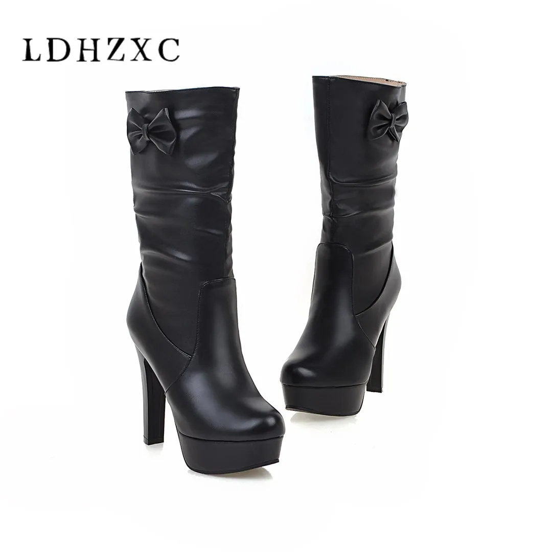 

LDHZXC 2018 new fashion simple round toe solid women boots sexy platform thin high heels mid calf boots rhinestone black boots