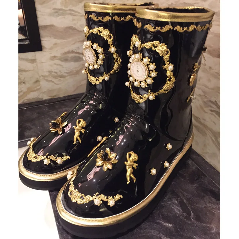 

2018 European and American winter warm snow boots watch decoration floral pearl wool half boots round toe fashion women shoes